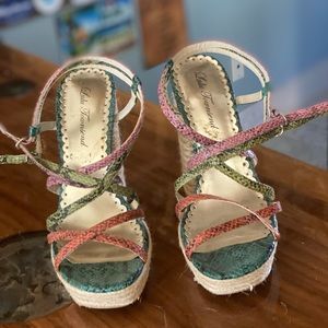 Lulu Townsend Size 8 fun snake skin multi color Strappy High Heels